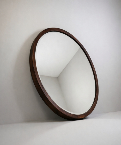 60 cm Round Wall Mirror with Walnut Finish 